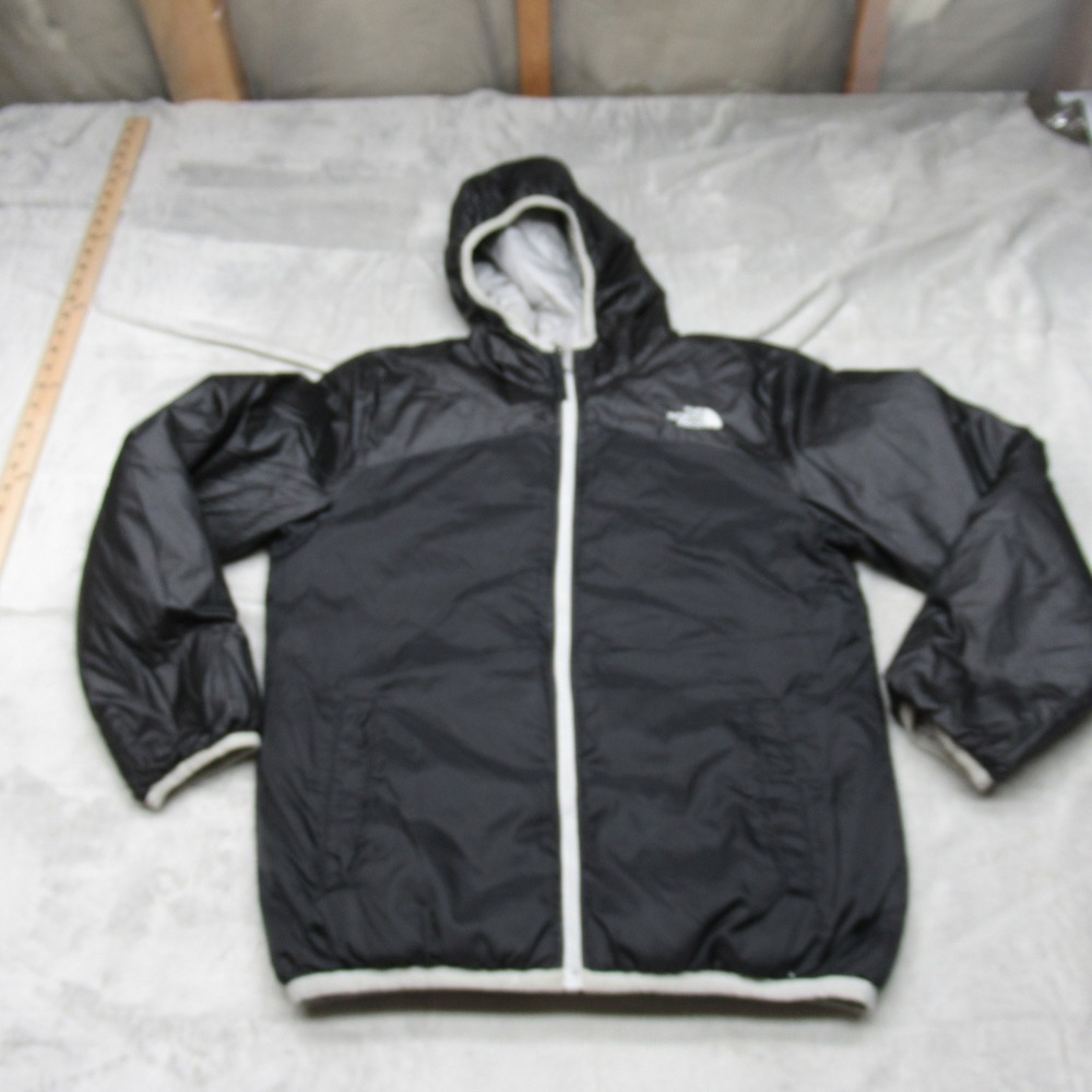 North Face Luna Down Jacket Girls Large 14-16 Blk Gray Reversible Insulated READ